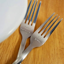 Load image into Gallery viewer, Anniversary Forks, Fork Puns, Hand Stamped Fork