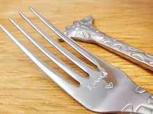 Load image into Gallery viewer, Baby Cutlery, Name On Fork And Heart Symbol On Spoon, Giraffe, Hand Stamped With Custom Name