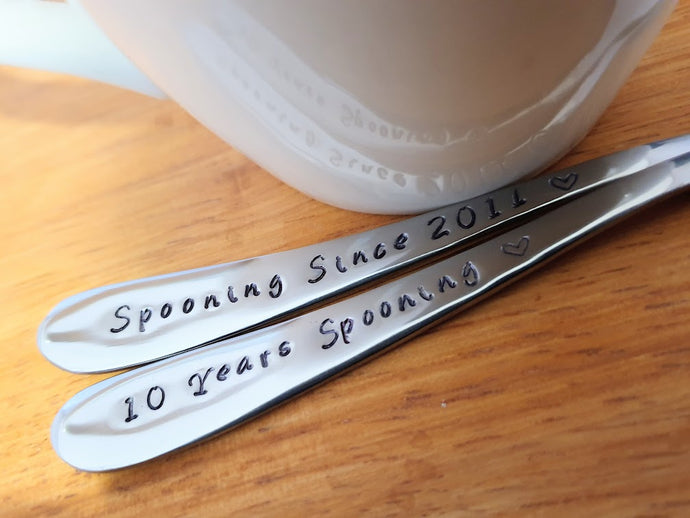 Custom  Anniversary Spoon Set, Custom Anniversary Gift, Set Of Hand Stamped Spoons