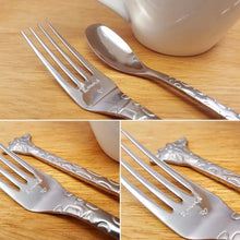 Load image into Gallery viewer, Baby Cutlery, Name On Fork And Heart Symbol On Spoon, Giraffe, Hand Stamped With Custom Name