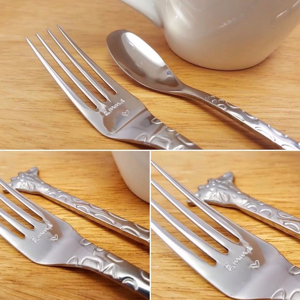 Baby Cutlery, Name On Fork And Heart Symbol On Spoon, Giraffe, Hand Stamped With Custom Name