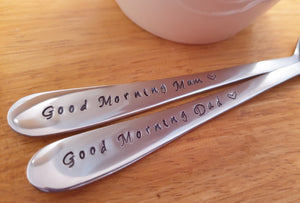 Good morning mum,Good morning dad,  Hand Stamped Spoon Set