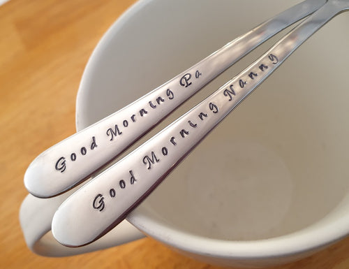 Good Morning Pa, Good Morning Nanny,Hand Stamped Teaspoon,Gift Set.